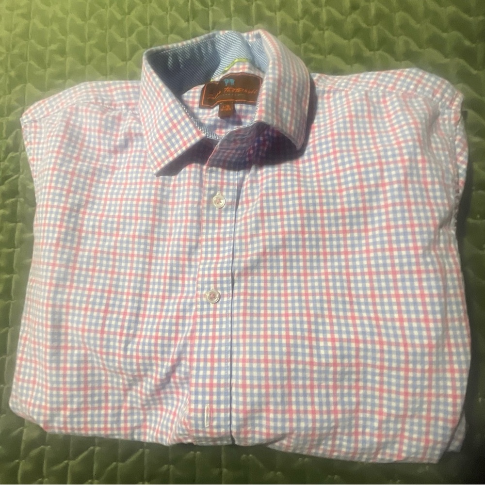 James Tattersall London pink blue check long sleeve button front shirt‎ SZ large
